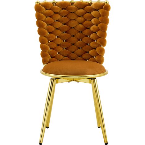 Set 2 sedie da pranzo in velluto arancione con schienale intrecciato e gambe in metallo oro (1/5)