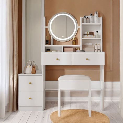Coiffeuse 4 tiroirs + 1 tabouret + 1 miroir LED 109x36x164 cm blanc (1/5)
