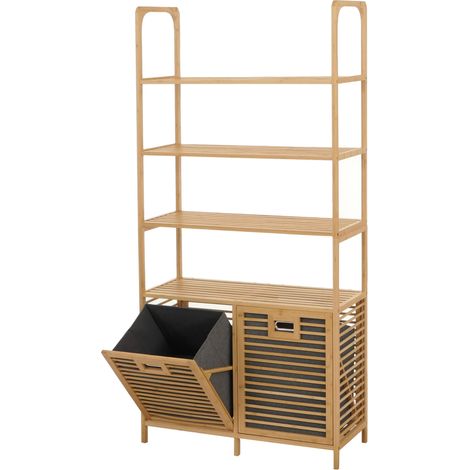 Bambus-Badezimmerschrank HHG-592, Regal Badschrank, 2 Wäschekörbe 4 Regalböden MVG 168x81x33cm natur, Korb grau (1/5)