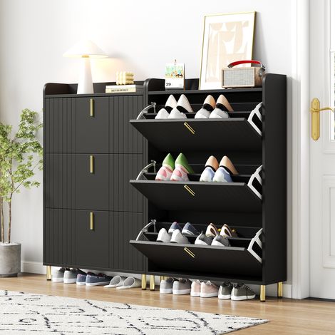 Lote de 2 zapateros 80x23,5x123,5 cm MDF negro, 3 abatibles – MEUBLIV (1/5)