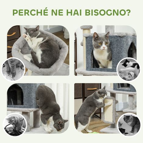 Arbre à chat 104 cm gris avec cabane, hamac, grattoirs, brosse et balle, multi-étagères pour félins