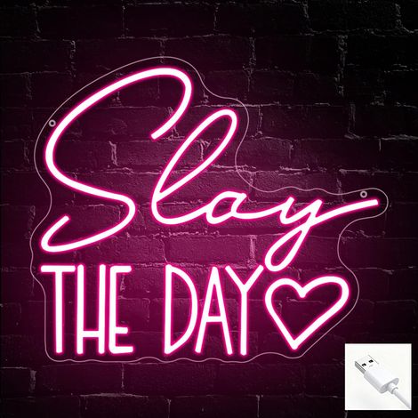 Enseigne néon « Slay the Day » – Déco LED esthétique style Y2K pour chambre ou dortoir de fille/femme – Idée cadeau « Coquette » – Alimentée par USB (14,2 x 12,2 pouces) (1/5)