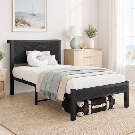 Einzelbett 90x200 cm Schwarz aus MDF und Metall mit Stauraum und stabilem Lattenrost (1/5)