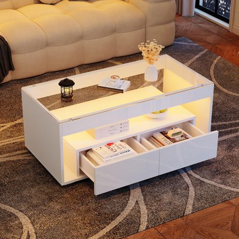 Table basse moderne blanche 100×50×40 cm, éclairage LED, 2 tiroirs, double plateau verre laqué brillant. Spacieuse et design pour salon.