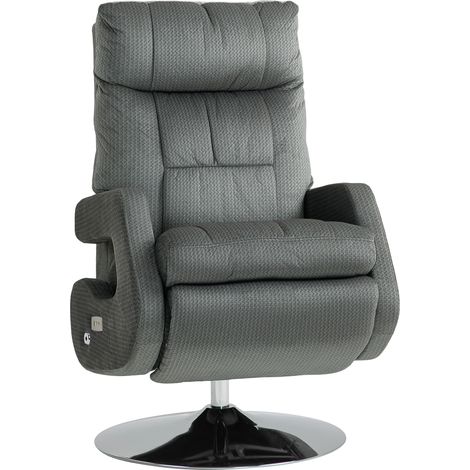 Fauteuil électrique inclinable avec repose-pieds, revêtu de velours gris, rotatif, réglable, port USB intégré. (1/5)