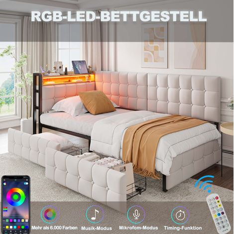 MODFU – Lit banquette enfant 90x200 cm métal/tissu – LED, USB/Type-C et 2 tiroirs – Couchage et 120 kg – Chambre – Beige (1/5)