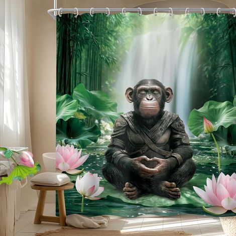 Rideau de douche singe amusant 152,4 x 183 cm (l x L) pour méditation, esprit zen, chimpanzé, feuilles de lotus, plante en bambou, nature, ensemble de salle de bain moderne, étanche (1/5)