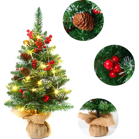 45 cm (18 Zoll) großer, batteriebetriebener Miniatur-Weihnachtsbaum mit warmweißer Lichterkette, dekorativen Beeren und Tannenzapfen, ideal für den Esstisch, das Büro oder das Zuhause während der Feie (1/2)