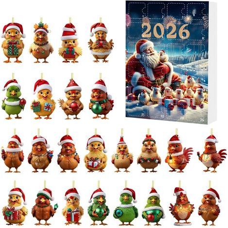 Weihnachtskalender aus Acryl zum Aufhängen mit Cartoon-Huhn-Anhänger, Überraschungsbox, 24-Tage-Countdown, Weihnachtsbaumschmuck (Typ C) (1/2)