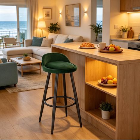 Tabouret de bar en velours vert foncé avec dossier, métal et bois, hauteur 78,5 cm (1/3)