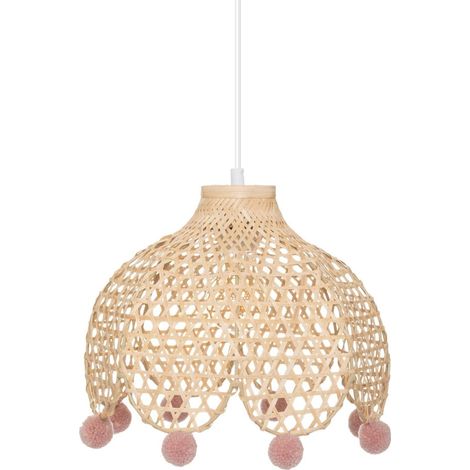 Atmosphera – Suspension en bambou D. 28 cm avec pompons roses – Éclairage doux pour chambre d'enfant – Installation facile avec câble ajustable