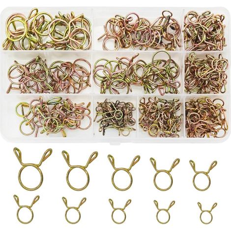 250 colliers de serrage à double fil (5-14 mm) pour durites de carburant, d'eau et d'air - Kit de colliers à ressort pour voiture, moto, scooter et quad. (1/5)