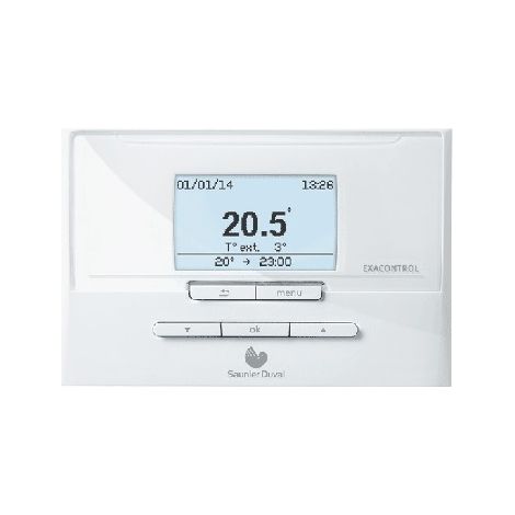 Saunier Duval – Thermostat programmable Exacontrol E7/C – Autoalimenté – Régulation chauffage et eau chaude – Alimentation électrique 230V – Largeur 80mm