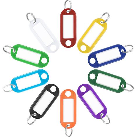 Paquete de 50 llaveros de plástico resistentes con anilla y área para etiquetar, colores surtidos.