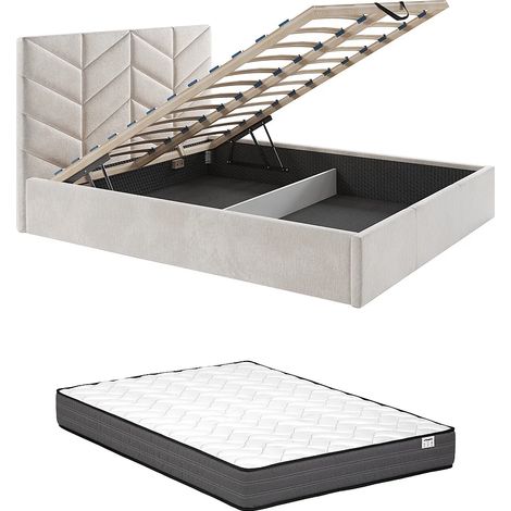 Letto con contenitore 140 x 190 cm Tessuto testurizzato Panna + Materasso - JUSTANI (1/5)