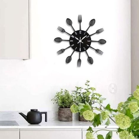 Horloge De Cuisine - Miroir 30x30x4 Cm - Design Cuillère Fourchette - Pile AA - Noir (1/5)