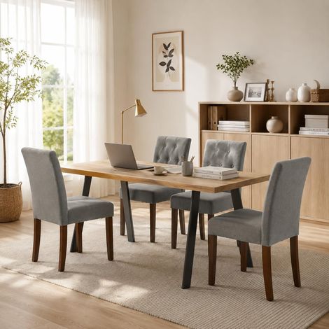 Lot de 4 chaises à manger grises rembourrées tissu effet lin dossier capitoné, pieds bois cuisine salle à manger bureau (1/5)