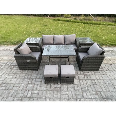 Fimous Ensemble de meubles de jardin en polyrotin 8 Pièces avec Table à manger rectangulaire 2 Petits tabourets 2 Tables d'appoint (1/5)