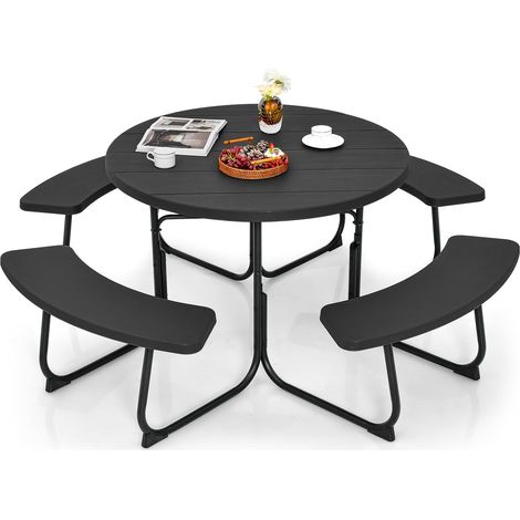 Goplus – Table de pique-nique ronde 110 cm avec 4 bancs intégrés – Trou pour parasol 4,8 cm – HDPE résistant aux intempéries – Charge 135 kg pour 8 personnes