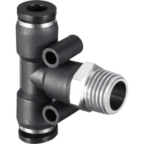 1 Paquet 1/4" PT Mâle Filetage Pousser Verrouillage Raccord - Type T Tee Union, pour Connecter Raccords, Appliquer à Pneumatique Système (6 mm, Noir) (1/5)