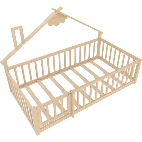 Hausbett 90 × 190 cm, Einzelbett mit Schutzgitter mit Verschluss, ohne Matratze, Kiefer und MDF, Natur (1/4)