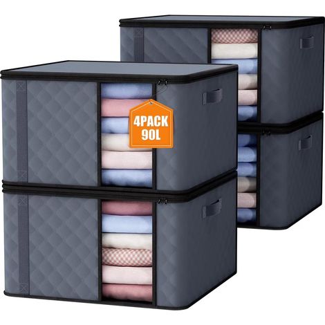 4 pièces de sac de rangement 90L, boîte de rangement avec couvercle, grandes boîtes de déménagement pour vêtements, couvertures, couettes, rangement sous lit, penderie. (1/5)