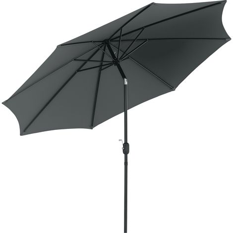 Parasol gris foncé Ø295x250 cm avec manivelle et inclinaison sur mât en métal, protection design sobre pour jardin pratique et grand format