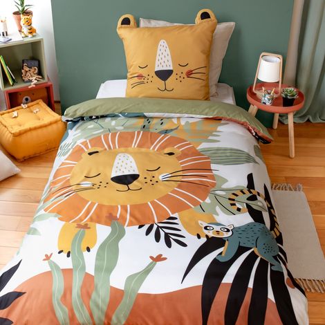 Parure de lit enfant lion 140x200 cm – Housse de couette microfibre 100% polyester – Taie d'oreiller 3D – Lavable en machine
