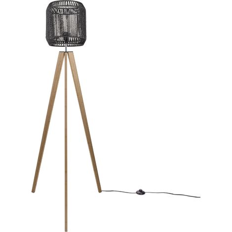 Paco Home Stehlampe Modern Wohnzimmer Schlafzimmer Rattan Optik Boho Korb Stehleuchte E27  Schwarz (Ø28 cm),  Stehleuchte Holz