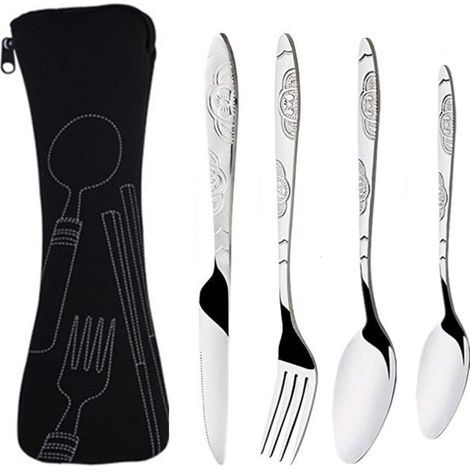 Lot de 4 Couverts de Camping, Ensemble de Couverts Transportables, Couverts en Acier Inoxydable avec Sac en Néoprène Idéal pour les Voyages et le Camping (Noir) (1/5)