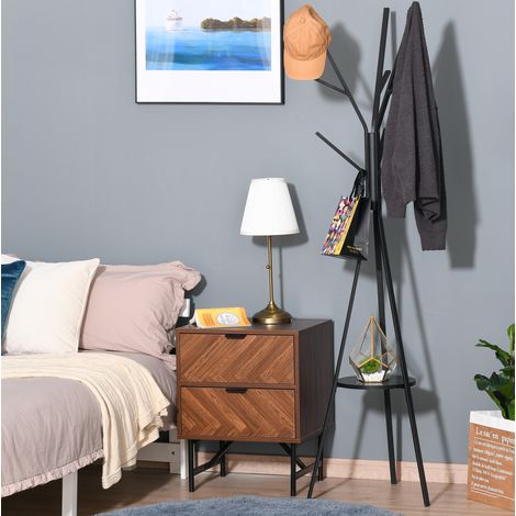 Porte-manteau sur pied en bois et metal noir avec 8 crochets, 45 x 45 x 180 cm, 3 tringles et etagere (1/5)