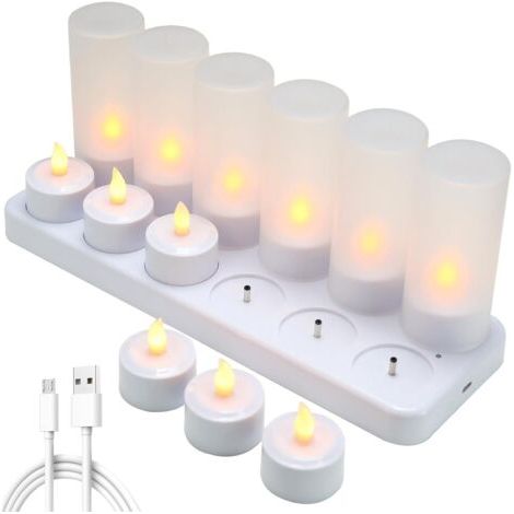 Lot de 12 bougies LED rechargeables, bougies électriques à effet flamme vacillante avec station de charge, décoration pour anniversaires, mariages, dîners, hôtels (1/4)