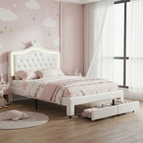 Letto per bambini 140x200, letto singolo, illuminazione LED e cassetti contenitore, testiera a corona regolabile, stile moderno principessa(140x200cm, bianco)