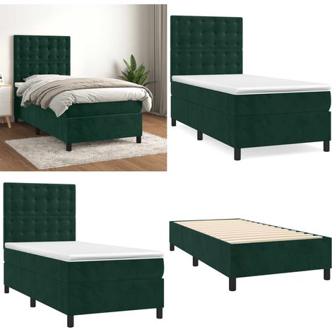 Sommier à lattes de lit avec matelas Vert foncé 90x190 cm - Lit Tapissier - Lit Double - Lit Vert - Matelas Ressorts Ensachés - Tête De Lit Ajustable - Home & Living (1/5)