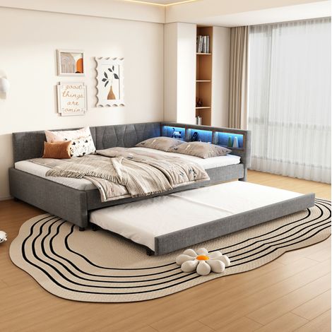 Letto estraibile 140x200 con LED e USB in lino OKMYHOME (1/5)