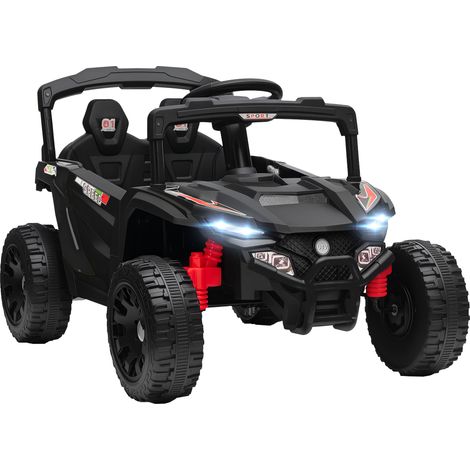 Voiture noire pour enfant avec batterie 12V, 2 moteurs, télécommande 2,4 GHz, suspension, phares et musique, design sobre pour extérieur pratique et confortable