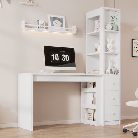MEUBLIV Bureau avec étagère 150x50x180 cm blanc – rangement latéral et tiroirs (1/5)