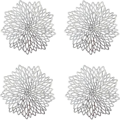 4 Pièces Napperon de Table Argent, Set de Table Rond évidé, Napperons Ronds Tapis de Table en Plastique, Utilisé pour L'isolation Thermique de L'assiette et de la Décoration de Table (Argent) (1/5)