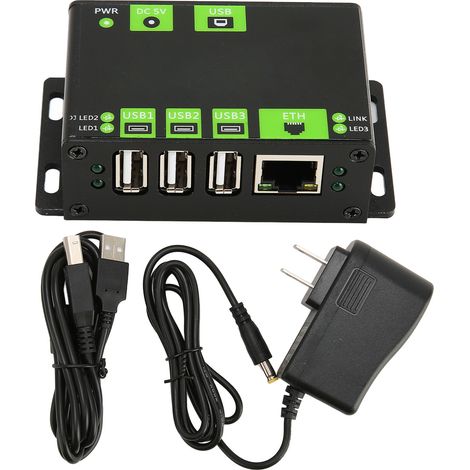Hub USB industriel multifonction boîtier métallique 3 ports USB + port réseau 100M adaptateur d'extension 100‑240V prise américaine (1/5)