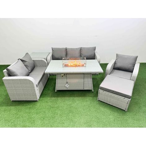 Fimous Patio PE Wicker 7 Seater Outdoor Rattan Furniture Sofa Sets with Firepit Dining Table Reclining Chair Loveseat Sofa 3 Seater Sofa Big Footstool Side Table Light Grey (1/4)