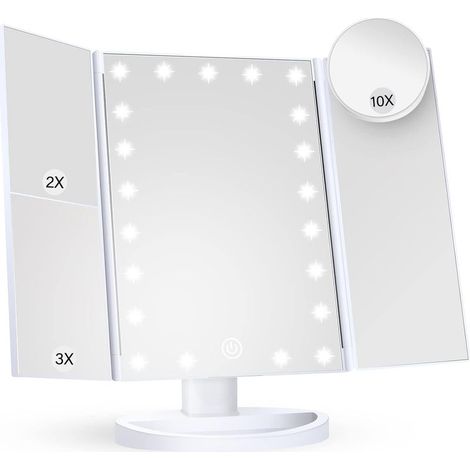 Miroir de maquillage avec éclairage, grossissement 2X, 3X, 10X, commande tactile, pliable, blanc, style moderne, montage sur commode, salle de bain (1/4)