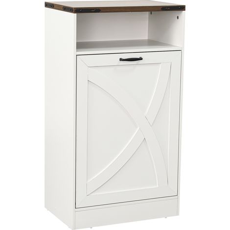 Parrot Uncle Slim Storage Cabinet, 53cm Narrow Tall Cabinet with Hidden Storage, Farmhouse Kitchen Bathroom Cabinet, White Wood Cabinet with Rustic Oak Top for Small Spaces (1/5)