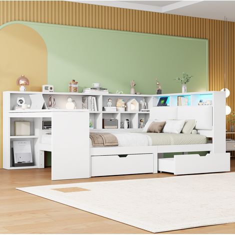 Letto adulti 140x200 cm con scrivania, testiera imbottita, vani portaoggetti, 2 cassetti, illuminazione LED e rete a doghe, senza materasso, bianco (1/5)