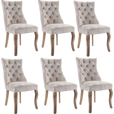 Lot de 6 chaises velours beige clair - Dossier haut surpiqûres boutons - Structure bois massif - Salle à manger (1/5)
