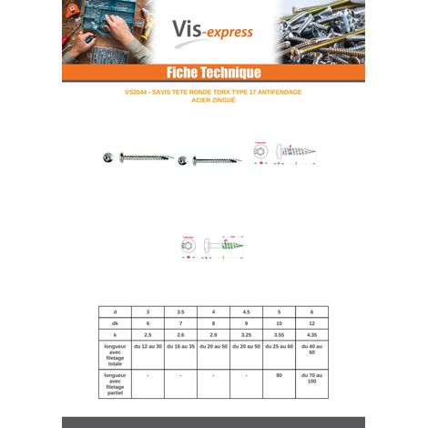 Vis bois TEKOR Tête ronde TR TORX T20 4X30 Filetage total Pointe antifendage type 17 Acier zingué