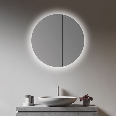 Talos Armadietto a specchio da bagno con illuminazione, rotondo, Ø 60 cm, con struttura in alluminio di alta qualità, con due ripiani in vetro (1/5)