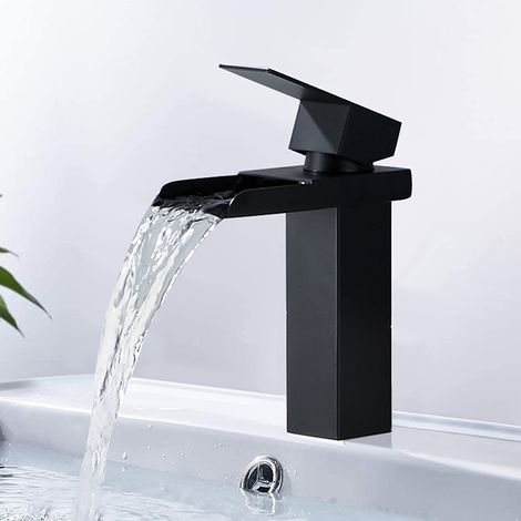 Grifo Cascada Negro para Lavabo, Mezclador Monomando de Acero Inoxidable, Grifería para Lavamanos de Baño (1/5)