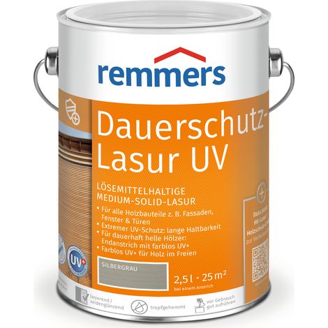 Remmers Dauerschutz-Lasur UV silbergrau, 2,5 Liter, Holz UV-Schutz für außen, auch für helle Farbtöne und farblos UV+, blockfest, wetterbeständig