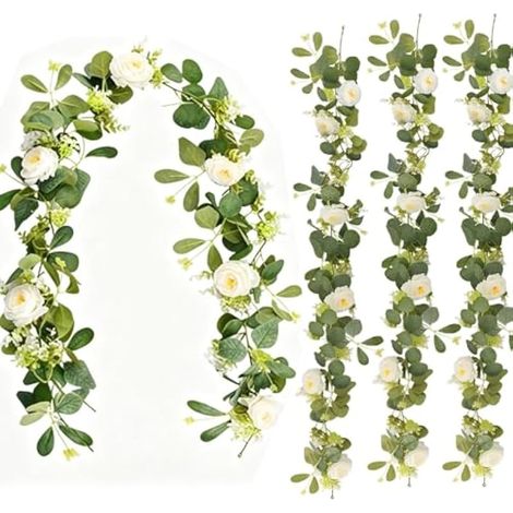 Lot de 4 Guirlande de Fleur d'Eucalyptus Artificielles, 180cm Guirlande de Roses Blanches pour Décoration Mariage, Toile de Fond de Table, Centre de Table, Décoration de Chambre (1/5)