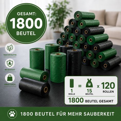belviona Hundekotbeutel 1800 Stück (120 Rollen) Megapack – reißfest & auslaufsicher, duftfreie Gassibeutel, passend für Spender (1/5)